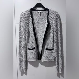 Chic Black and White Textured Jacket withe Black Leather Trim